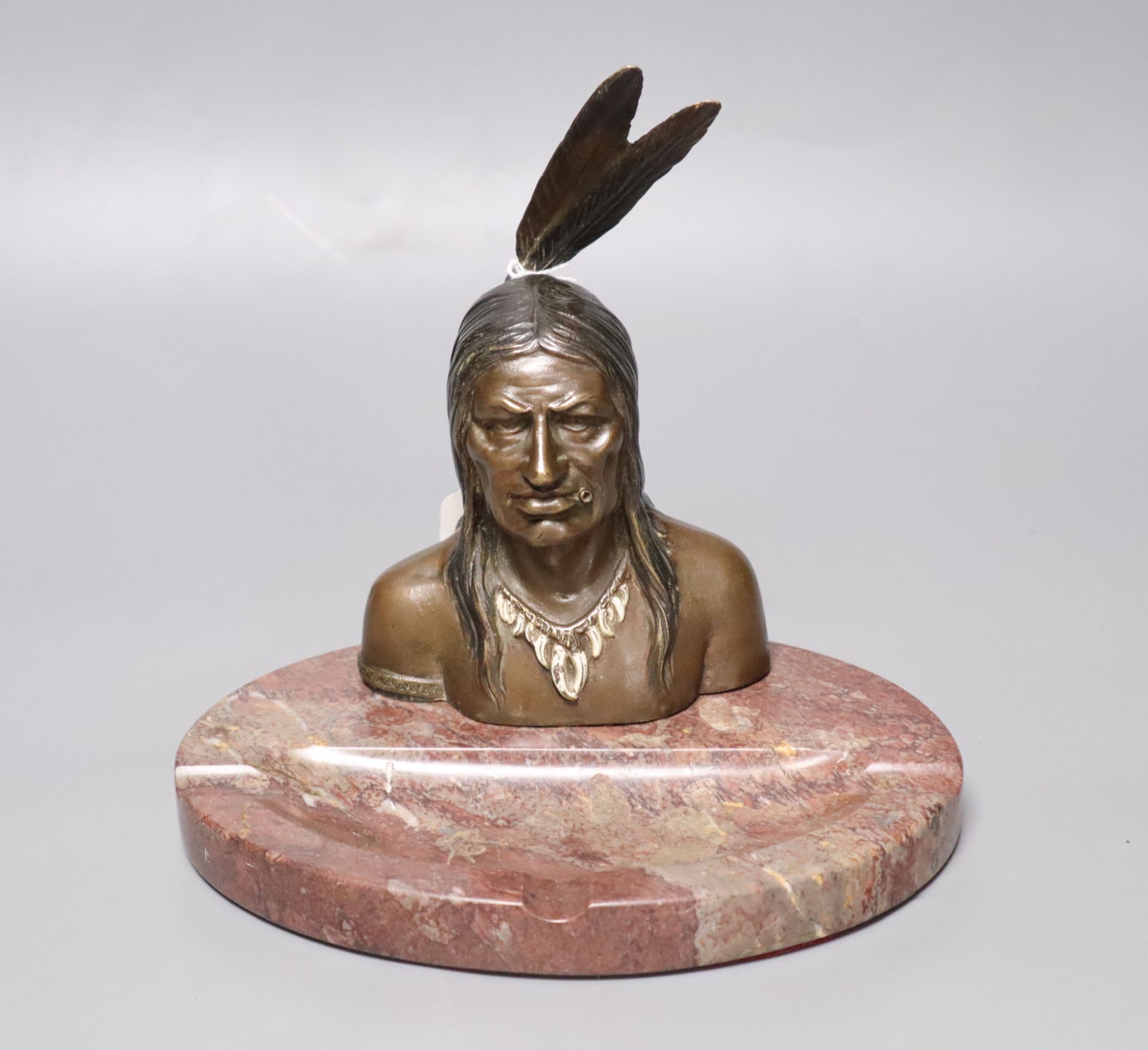 A bronze and marble Native American desk stand, height 19.5cm
